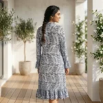 blue and white botanical print knee length dress with a V neck and bell sleeves (4)