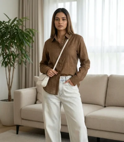 brown textured crinkle fabric with tiny silver shimmer specks shirt (5)