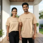 casual beige unisex t shirts with black It's coffee time text printed on the chest (1)