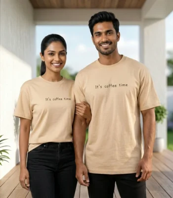 casual beige unisex t shirts with black It's coffee time text printed on the chest (1)