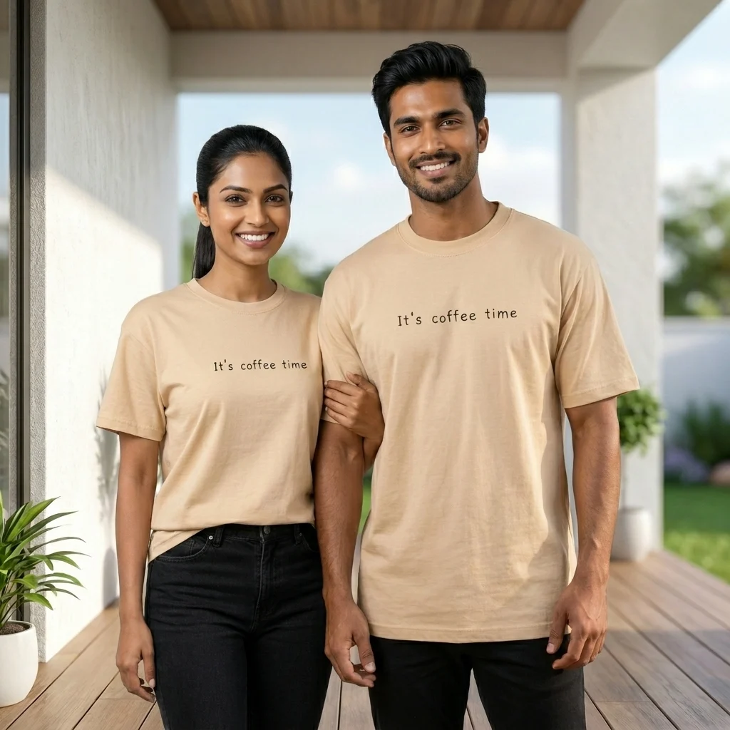 casual beige unisex t shirts with black It's coffee time text printed on the chest (1) casual beige unisex t shirts with black It's coffee time text printed on the chest (1)