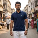 classic navy blue half sleeve polo t shirt with white collar tipping (4)