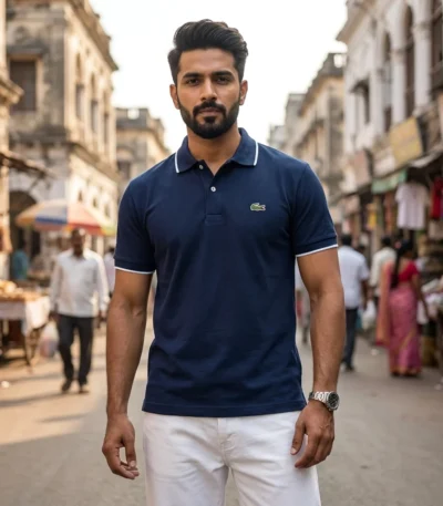 classic navy blue half sleeve polo t shirt with white collar tipping (4)