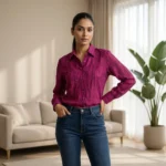 magenta textured long sleeve button down shirt with metallic dots (1)