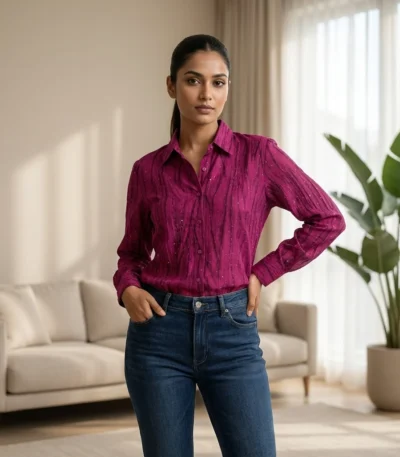 magenta textured long sleeve button down shirt with metallic dots (1)