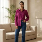 magenta textured long sleeve button down shirt with metallic dots (5)