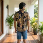 man wearing a navy blue half sleeve shirt with gold and maroon floral prints (1)