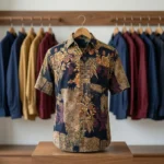 man wearing a navy blue half sleeve shirt with gold and maroon floral prints (2)