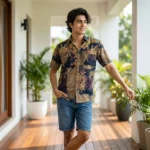 man wearing a navy blue half sleeve shirt with gold and maroon floral prints (3)