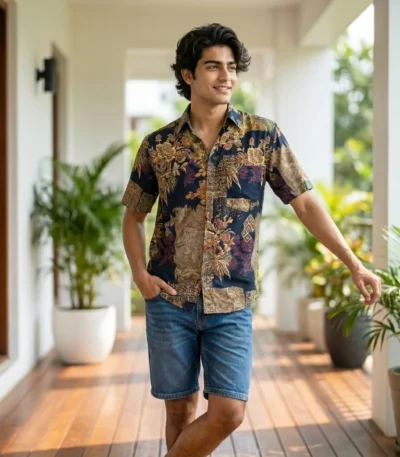man wearing a navy blue half sleeve shirt with gold and maroon floral prints (3)