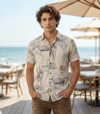 men's beige abstract floral print half sleeve shirt (4)