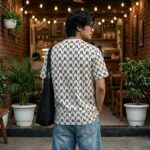 men's white crew neck t shirt with an all over black NY monogram print and a green embroidered chest logo (2)