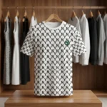 men's white crew neck t shirt with an all over black NY monogram print and a green embroidered chest logo (4)