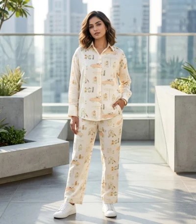 off white printed co ord set with quirky dog illustrations paired (6)