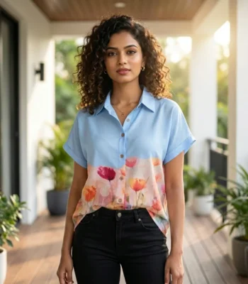 omen's light blue casual half sleeve shirt with watercolor floral print (4)