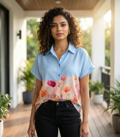 omen's light blue casual half sleeve shirt with watercolor floral print (4)