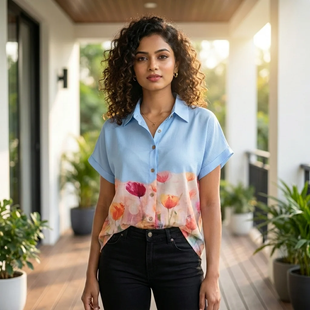 omen's light blue casual half sleeve shirt with watercolor floral print (4) omen's light blue casual half sleeve shirt with watercolor floral print (4)