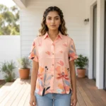 peach floral print half sleeve casual shirt front view (3)