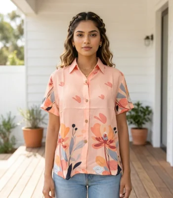 peach floral print half sleeve casual shirt front view (3)