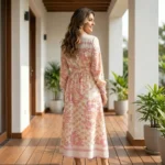 pink and cream floral printed midi shirt dress with long sleeves and a waist belt (1)