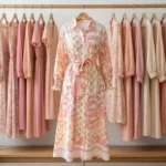 pink and cream floral printed midi shirt dress with long sleeves and a waist belt (2)