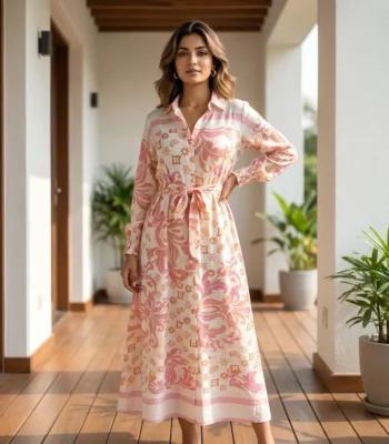 pink and cream floral printed midi shirt dress with long sleeves and a waist belt (3)