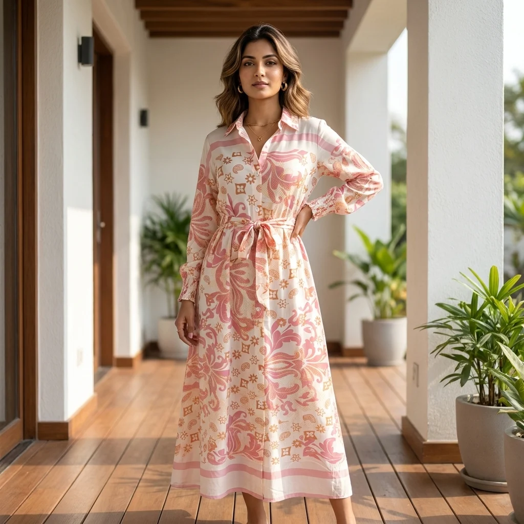 pink and cream floral printed midi shirt dress with long sleeves and a waist belt (3)