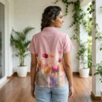 pink half sleeve collared shirt with a watercolor floral bottom print (2)