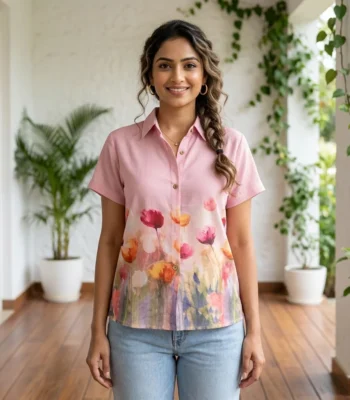 pink half sleeve collared shirt with a watercolor floral bottom print (4)