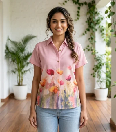 pink half sleeve collared shirt with a watercolor floral bottom print (4)