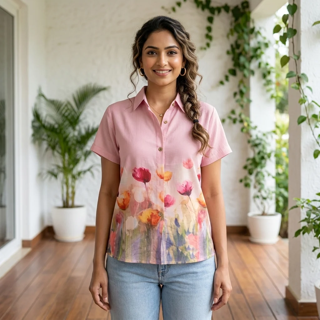 pink half sleeve collared shirt with a watercolor floral bottom print (4) pink half sleeve collared shirt with a watercolor floral bottom print (4)