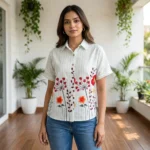 striped half sleeve button down shirt with floral embroidery (2)