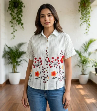 striped half sleeve button down shirt with floral embroidery (2)