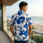 wearing a white and blue floral print half sleeve casual shirt for men (1)