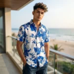 wearing a white and blue floral print half sleeve casual shirt for men (4)