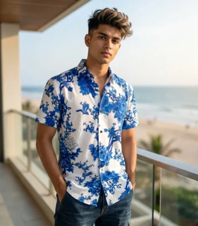 wearing a white and blue floral print half sleeve casual shirt for men (4)