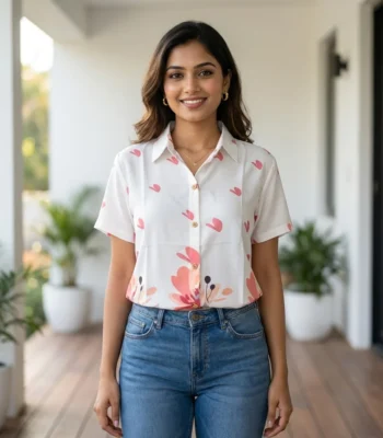 white half sleeve shirt with a pink and orange floral border print (2)