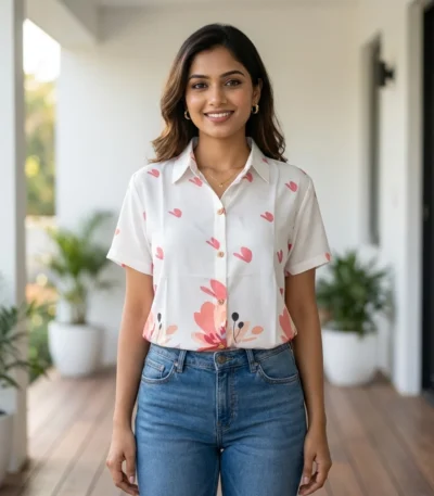 white half sleeve shirt with a pink and orange floral border print (2)
