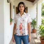 white half sleeve shirt with a pink and orange floral border print (3)