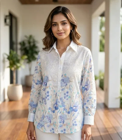 white long sleeve button down shirt with blue floral prints (2)