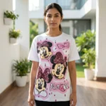 white women's oversized t shirt with a pink Minnie Mouse graphic print (1)