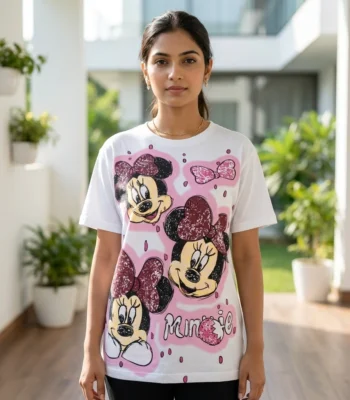 white women's oversized t shirt with a pink Minnie Mouse graphic print (1)
