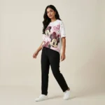 white women's oversized t shirt with a pink Minnie Mouse graphic print (2)