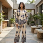 woman wearing a beige and navy blue ethnic print shirt and trouser co ord set (1)