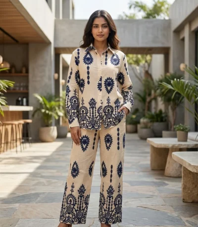 woman wearing a beige and navy blue ethnic print shirt and trouser co ord set (1)