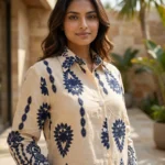 woman wearing a beige and navy blue ethnic print shirt and trouser co ord set (4)