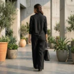 woman wearing a black co ord set with white floral embroidery, highlighting the button down shirt design (1)