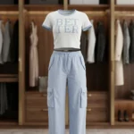 woman wearing a casual white graphic t shirt and light blue cargo pants co ord set (2)