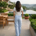 woman wearing a casual white graphic t shirt and light blue cargo pants co ord set (3)