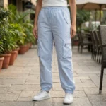 woman wearing a casual white graphic t shirt and light blue cargo pants co ord set (4)